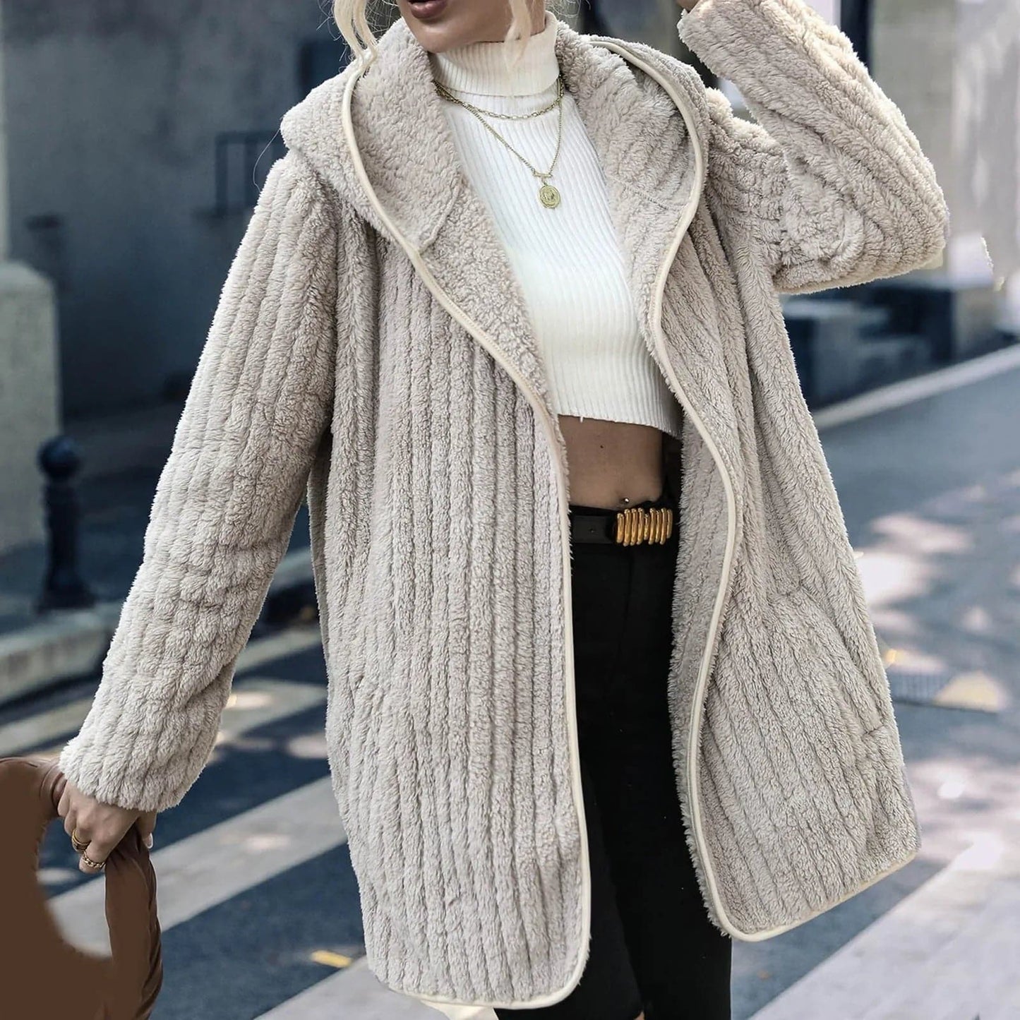 Women’s Cardigan – Oversized Fit – Fluffy Fleece – Hooded – Open Front Long Sleeve