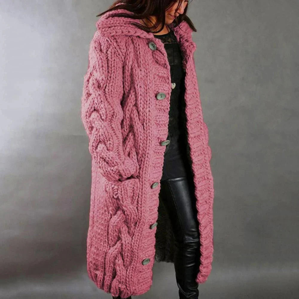 Women's Knit Coat - Wool Blend - Oversized Fit - Hooded Style