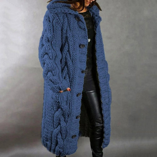 Women's Knit Coat - Wool Blend - Oversized Fit - Hooded Style