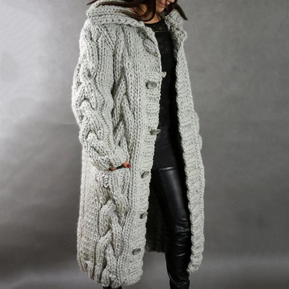 Women's Knit Coat - Wool Blend - Oversized Fit - Hooded Style