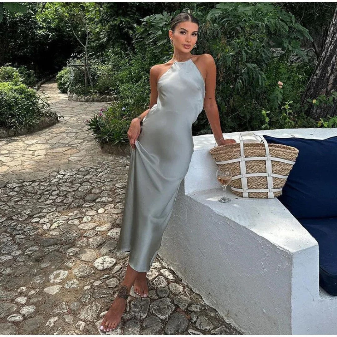 Women’s Halter Neck Dress – Satin Finish – Slim Fit – Full Length Formal Wear