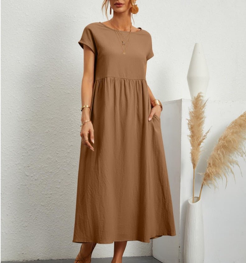 Women's Maxi Dress - Short Sleeve - Loose Fit - High Waist - Flowy & Lightweight