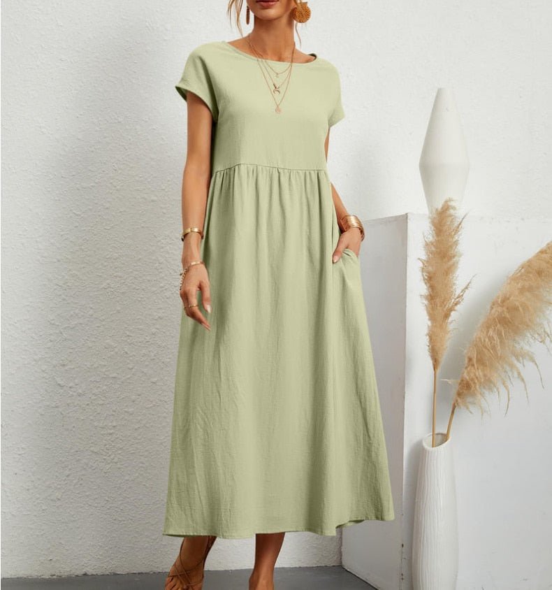Women's Maxi Dress - Short Sleeve - Loose Fit - High Waist - Flowy & Lightweight