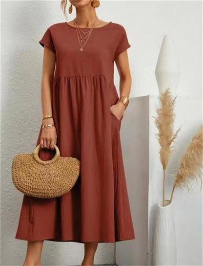 Women's Maxi Dress - Short Sleeve - Loose Fit - High Waist - Flowy & Lightweight