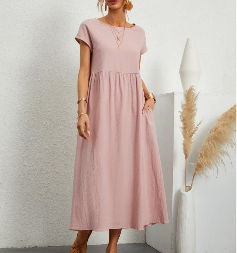 Women's Maxi Dress - Short Sleeve - Loose Fit - High Waist - Flowy & Lightweight