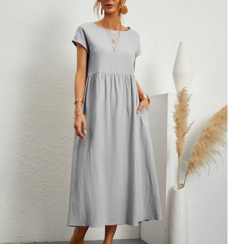 Women's Maxi Dress - Short Sleeve - Loose Fit - High Waist - Flowy & Lightweight