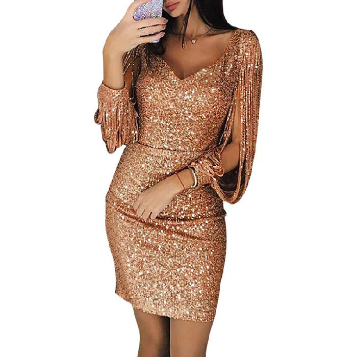 Women's Sequin Mini Dress - Bodycon Fit - V-Neck - Long Sleeve with Slit Detail
