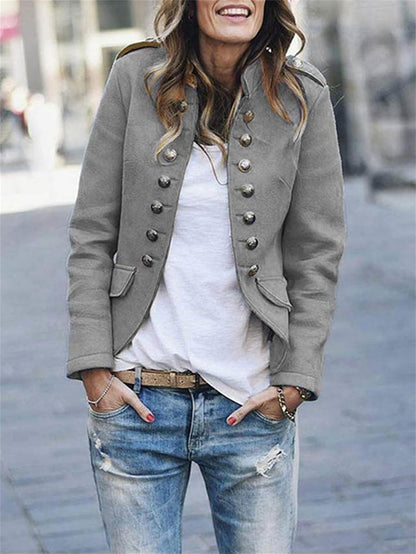 Women’s Jacket – Military Style – Structured Fit – Metal Buttons – Hip Length Layer