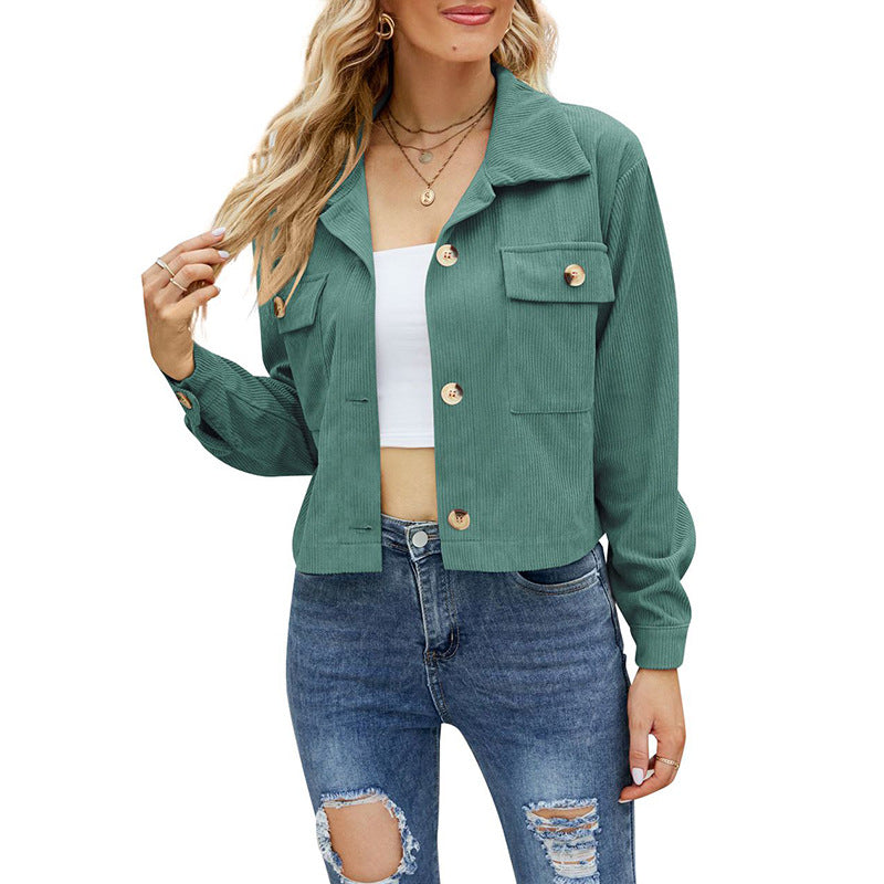Women’s Corduroy Jacket - Cropped Relaxed Fit - Button-Up - Chest Flap Pockets