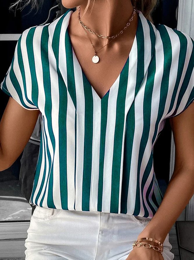 Women's Blouse - V-Neck Short Sleeve - Vertical Stripe Lightweight Casual Wear