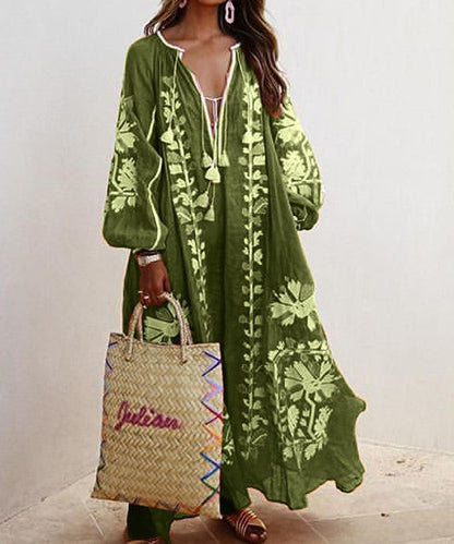 Women's Maxi Dress - Embroidered Bohemian Style - Long Sleeve - V-Neck Tassel Tie