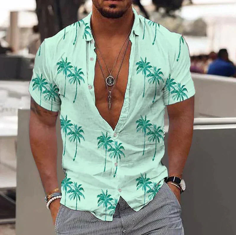 Men’s Short Sleeve Shirt – Relaxed Fit – Tropical Print – Button-Down – Natural Fibers