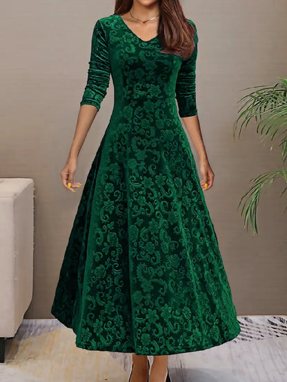 Women’s A-line Dress – Elegant Fit – Velvet Feel – Floral Texture – Floor Length – V-Neck – Long Sleeve