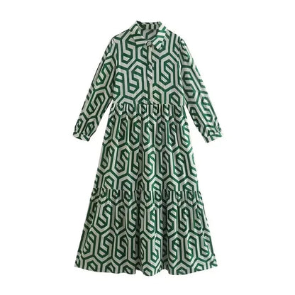 Women’s Midi Dress – Relaxed Fit – Tiered Silhouette – Geometric Print – Cotton Feel