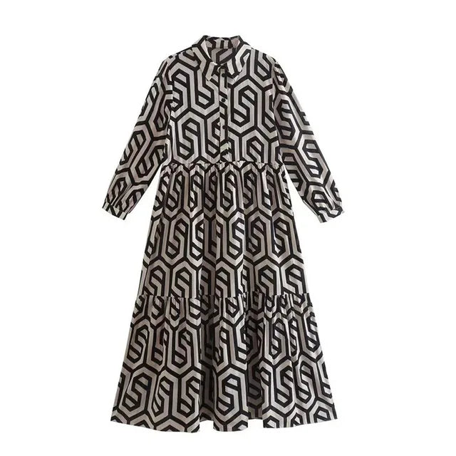Women’s Midi Dress – Relaxed Fit – Tiered Silhouette – Geometric Print – Cotton Feel