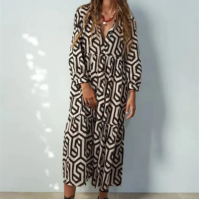 Women’s Midi Dress – Relaxed Fit – Tiered Silhouette – Geometric Print – Cotton Feel