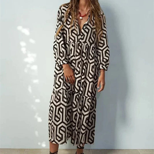 Women’s Midi Dress – Relaxed Fit – Tiered Silhouette – Geometric Print – Cotton Feel