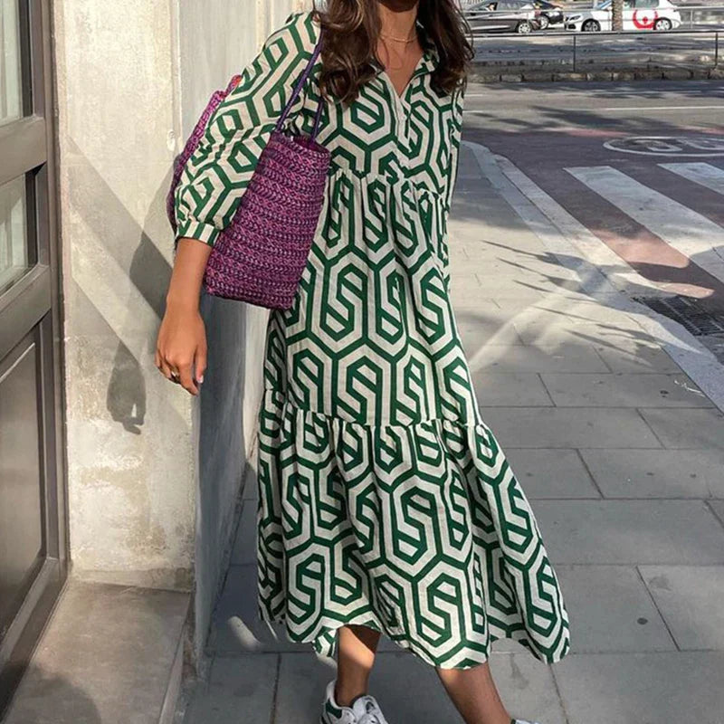 Women’s Midi Dress – Relaxed Fit – Tiered Silhouette – Geometric Print – Cotton Feel
