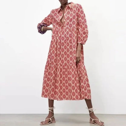 Women’s Midi Dress – Relaxed Fit – Tiered Silhouette – Geometric Print – Cotton Feel