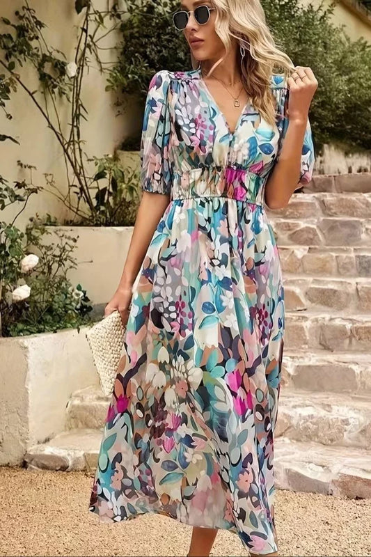 Women’s Midi Dress – Flowy Fit – V-Neck – Puff Sleeve – Floral Print – Cinched Waist