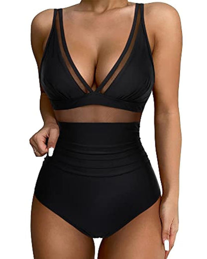 Women’s Swimsuit – Plunging Neckline – Mesh Panels – High-Cut Leg – Breathable Blend