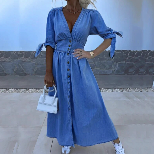 Women’s Maxi Dress – Chambray Look – Button Front – Tie Sleeves – V-Neck – Relaxed Fit