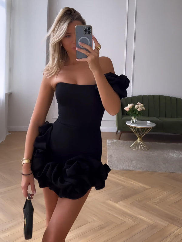 Women’s Mini Dress – Satin-Like Fabric – Slim Fit – One-Shoulder with Ruffle Hem