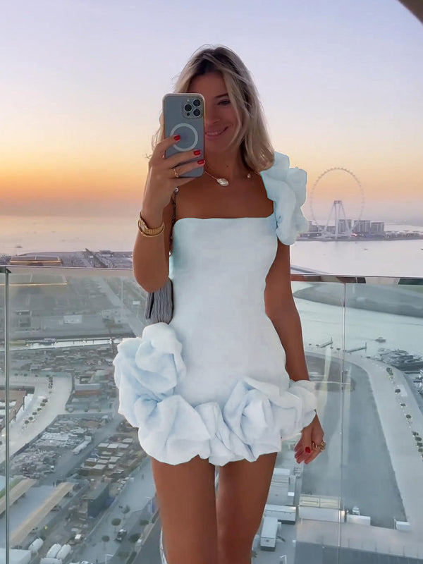 Women’s Mini Dress – Satin-Like Fabric – Slim Fit – One-Shoulder with Ruffle Hem