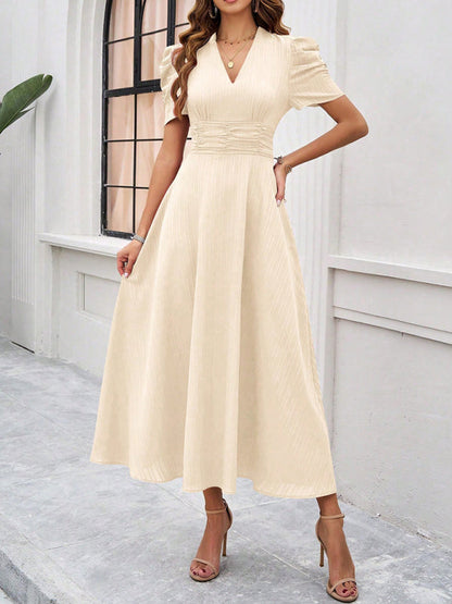 Women’s Midi Dress – V-Neck – Puff Sleeve – Fitted Waist – A-Line Flowing Fit
