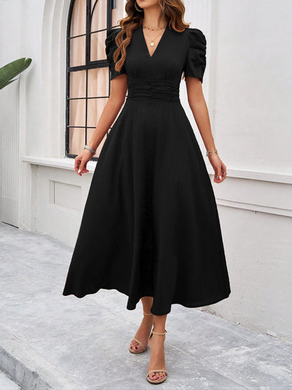 Women’s Midi Dress – V-Neck – Puff Sleeve – Fitted Waist – A-Line Flowing Fit