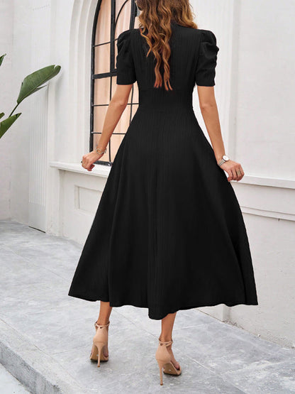 Women’s Midi Dress – V-Neck – Puff Sleeve – Fitted Waist – A-Line Flowing Fit