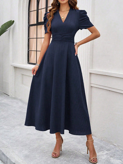 Women’s Midi Dress – V-Neck – Puff Sleeve – Fitted Waist – A-Line Flowing Fit