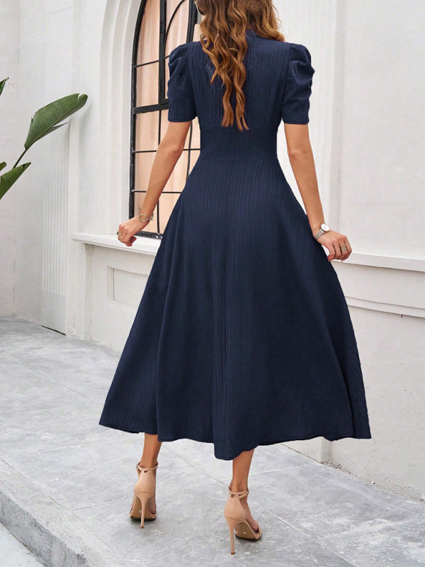 Women’s Midi Dress – V-Neck – Puff Sleeve – Fitted Waist – A-Line Flowing Fit