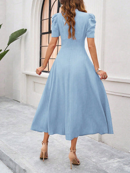 Women’s Midi Dress – V-Neck – Puff Sleeve – Fitted Waist – A-Line Flowing Fit