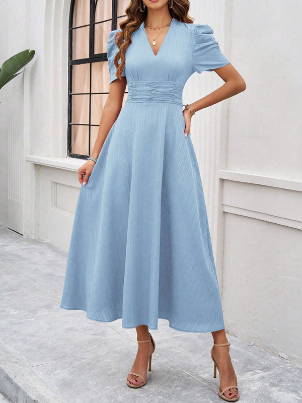 Women’s Midi Dress – V-Neck – Puff Sleeve – Fitted Waist – A-Line Flowing Fit