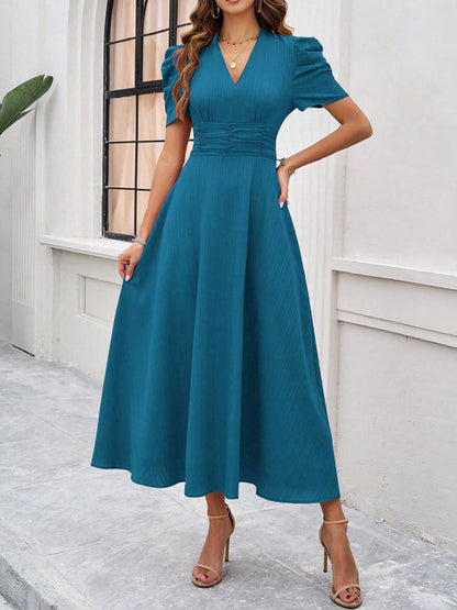 Women’s Midi Dress – V-Neck – Puff Sleeve – Fitted Waist – A-Line Flowing Fit