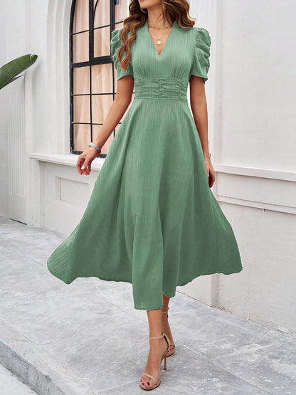 Women’s Midi Dress – V-Neck – Puff Sleeve – Fitted Waist – A-Line Flowing Fit