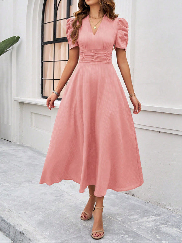 Women’s Midi Dress – V-Neck – Puff Sleeve – Fitted Waist – A-Line Flowing Fit