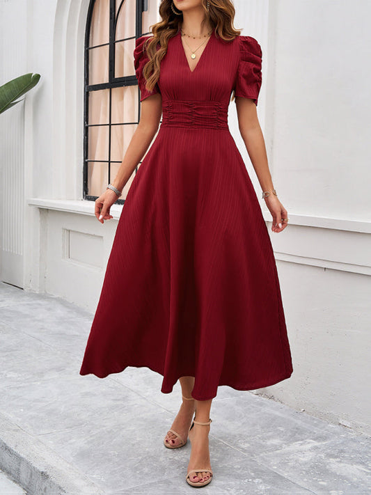 Women’s Midi Dress – V-Neck – Puff Sleeve – Fitted Waist – A-Line Flowing Fit