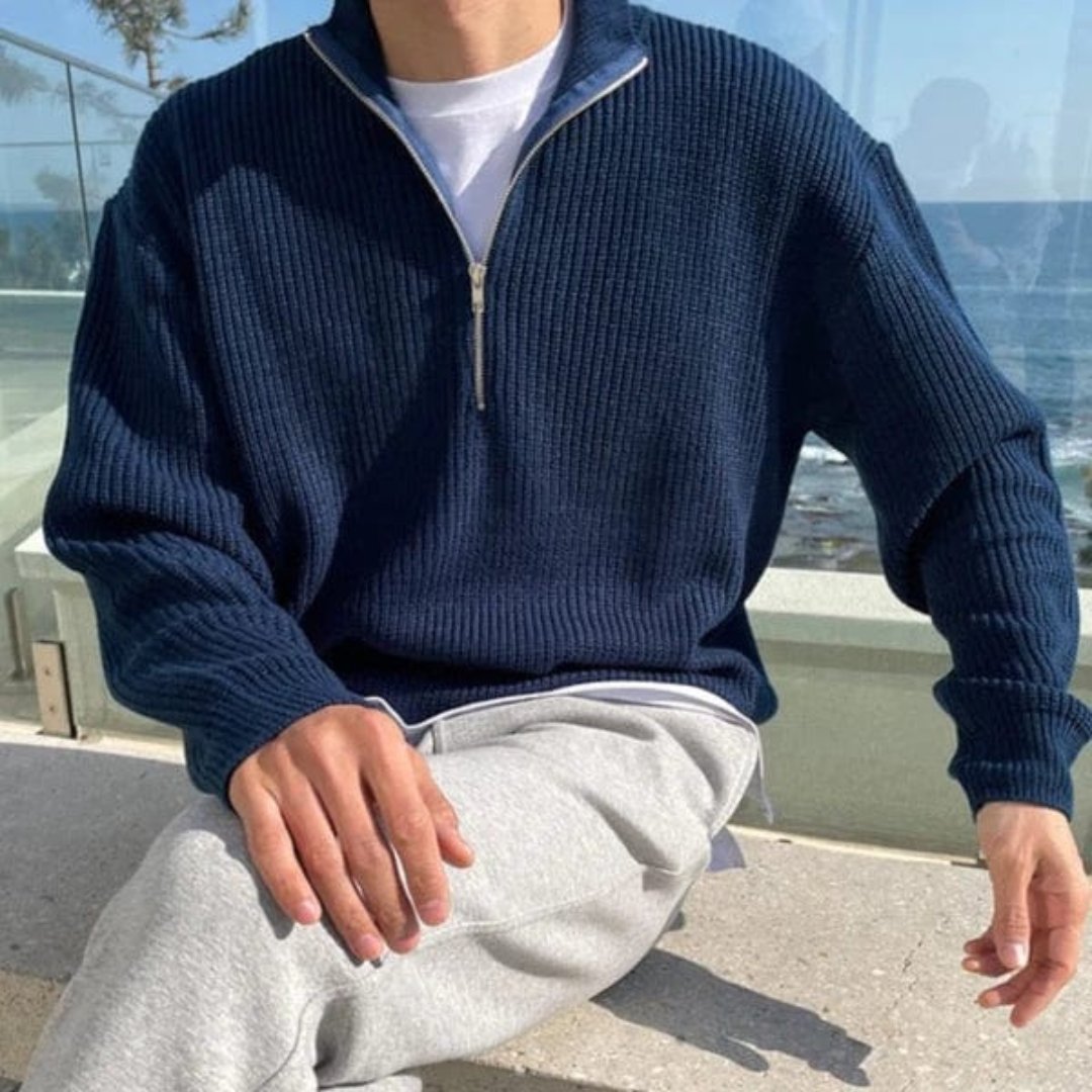 Men’s Half Zip Sweater – Wool Blend – Ribbed Knit – Relaxed Fit – Casual Layer