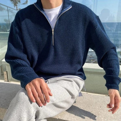 Men’s Half Zip Sweater – Wool Blend – Ribbed Knit – Relaxed Fit – Casual Layer