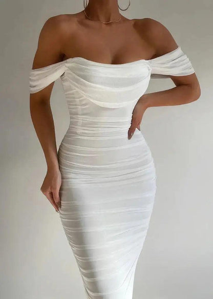 Women’s Midi Dress – Bodycon Fit – Off-Shoulder Draped Sleeves – Ruched Detailing