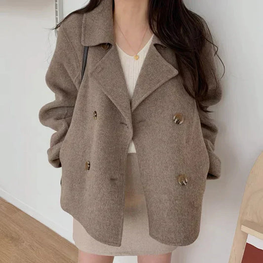 Women’s Coat – Oversized Fit – Wool Texture – Double-Breasted – Hip Length Classic Style