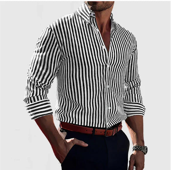 Men’s Button-Down Shirt – Slim Fit – Cotton Blend – Striped Long Sleeve