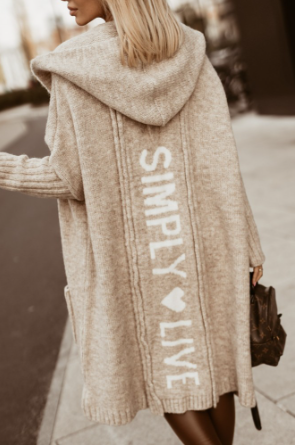 Women’s Long Coat – Hooded Wool – Loose Fit – Ribbed Sleeve – Graphic Back