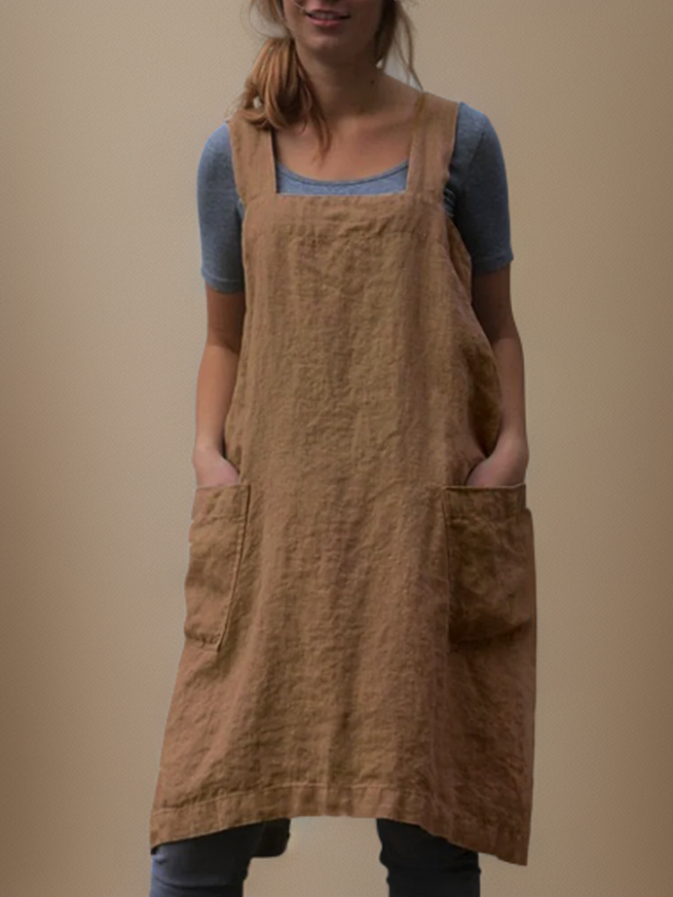 Women’s Apron Dress – Relaxed Fit – Cotton Linen – Square Neck – Knee Length Pockets