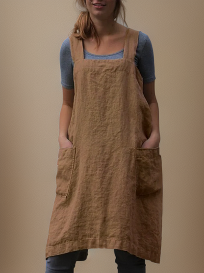Women’s Apron Dress – Relaxed Fit – Cotton Linen – Square Neck – Knee Length Pockets