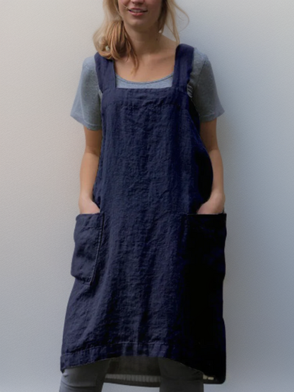 Women’s Apron Dress – Relaxed Fit – Cotton Linen – Square Neck – Knee Length Pockets