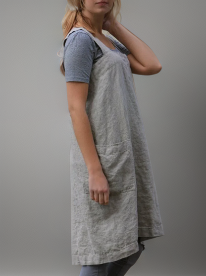 Women’s Apron Dress – Relaxed Fit – Cotton Linen – Square Neck – Knee Length Pockets