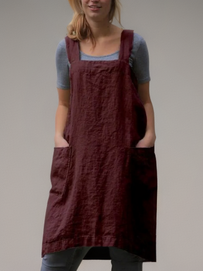 Women’s Apron Dress – Relaxed Fit – Cotton Linen – Square Neck – Knee Length Pockets